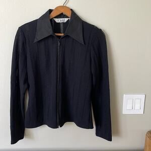 RAVEL Textured Full-Zip Black Long-Sleeve Polo Size L